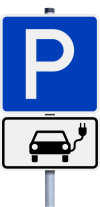 Parkplatz mit Zusatzschild Elektrofahrzeuge (Sinnbild)